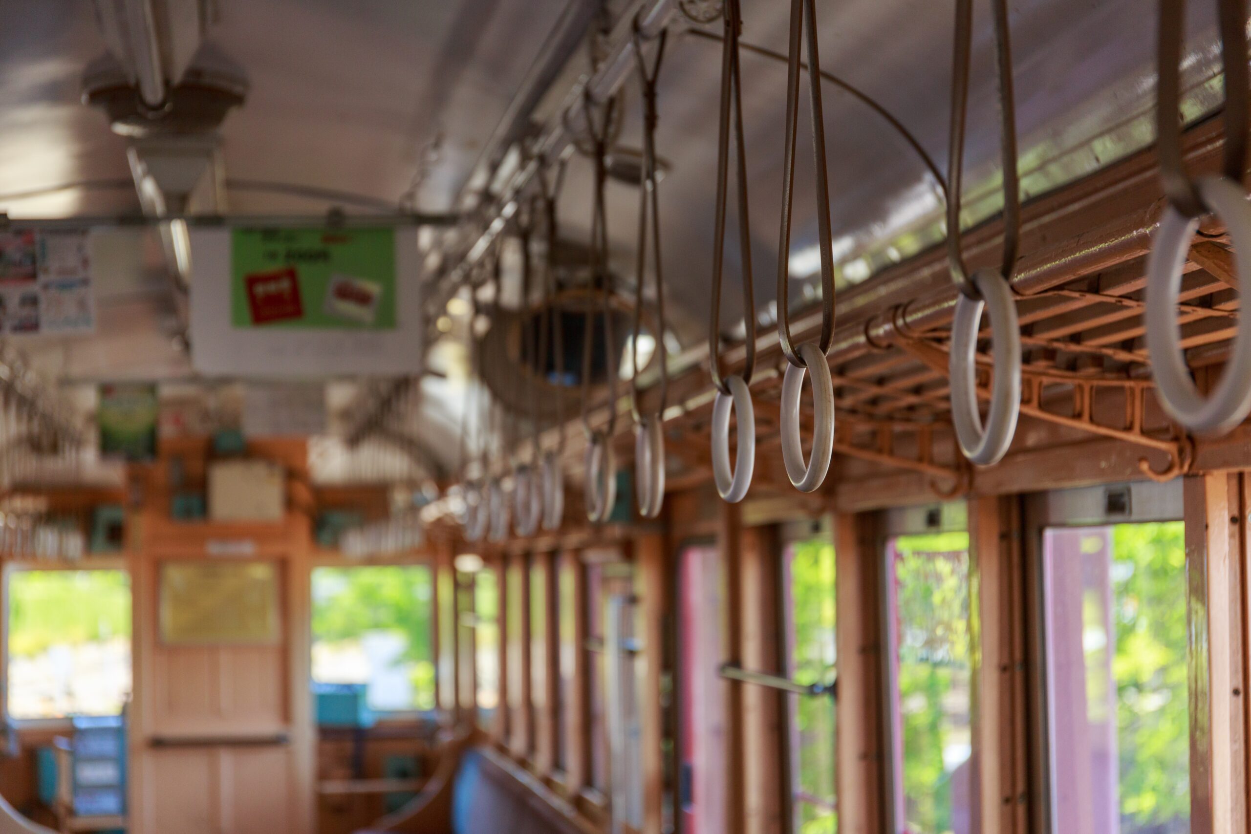 穏やかな天気につられてふらりと電車に乗った午後、車内からの見える景色の写真。車窓から見える木々の蒼と電車がノスタルジックな印象の一枚。