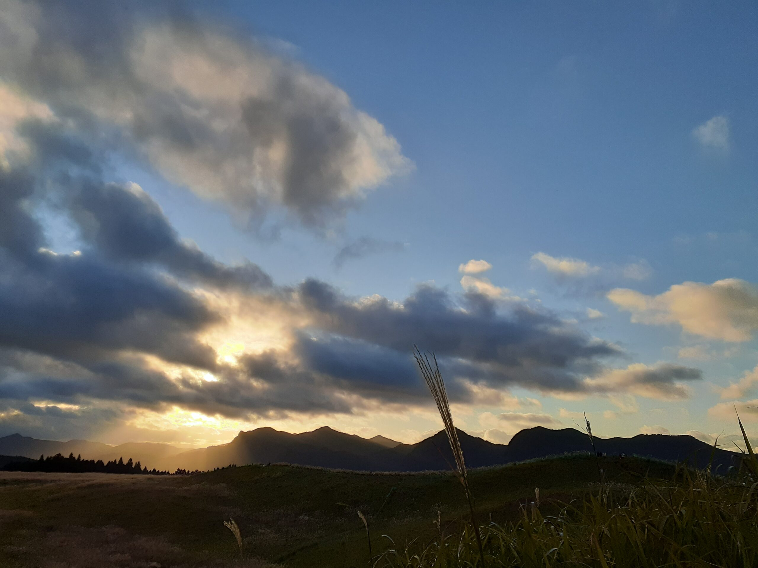 秋の空。ススキの美しい季節。夕暮れ時に雲から射す光。幻想的な色彩の世界。一面のススキがノスタルジックで時が止まったようにみえる。わたしの生きている世界は本当に美しいと思える秋の風景の一枚。
